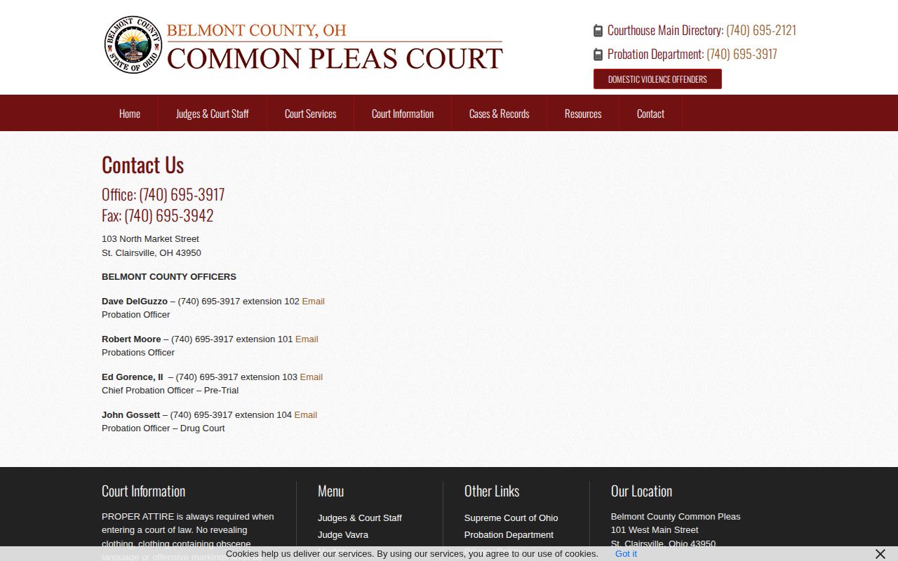 Belmont County Common Pleas Adult Probation contact page