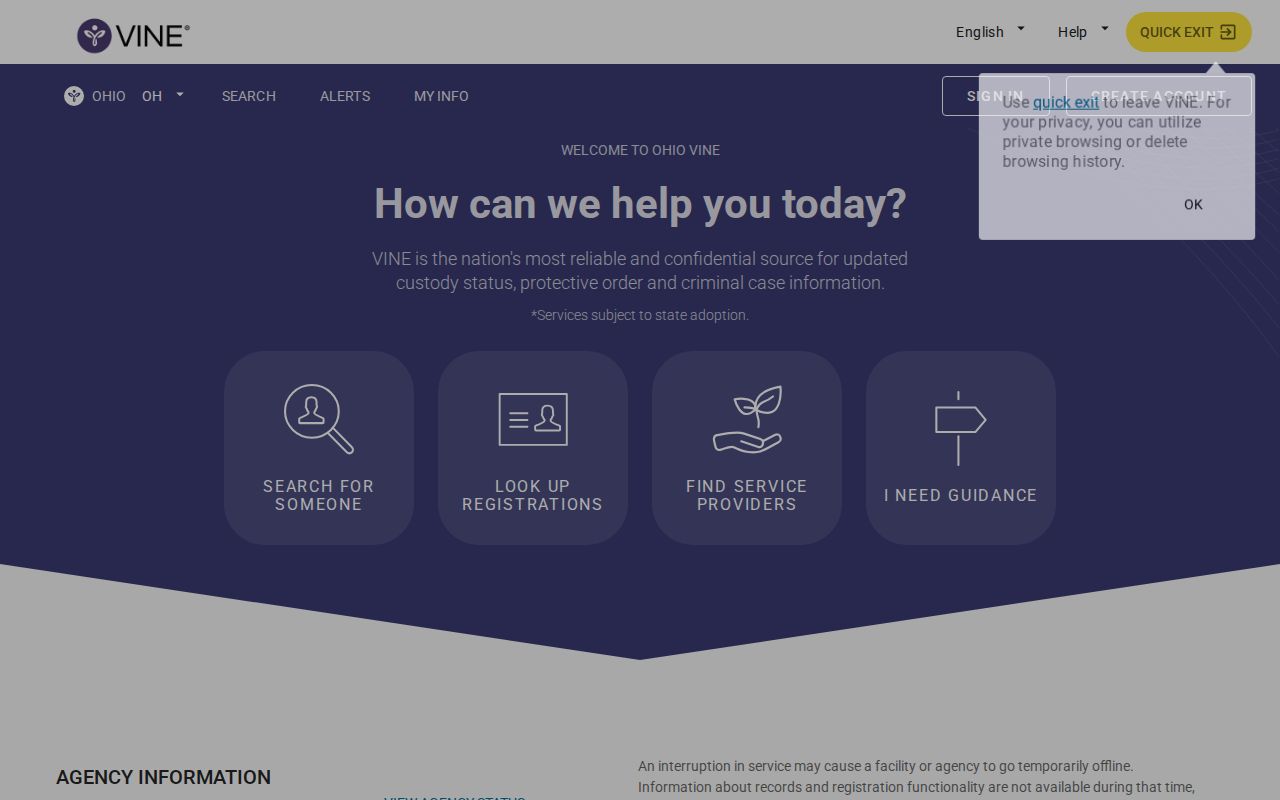 Ohio VINELink person search interface