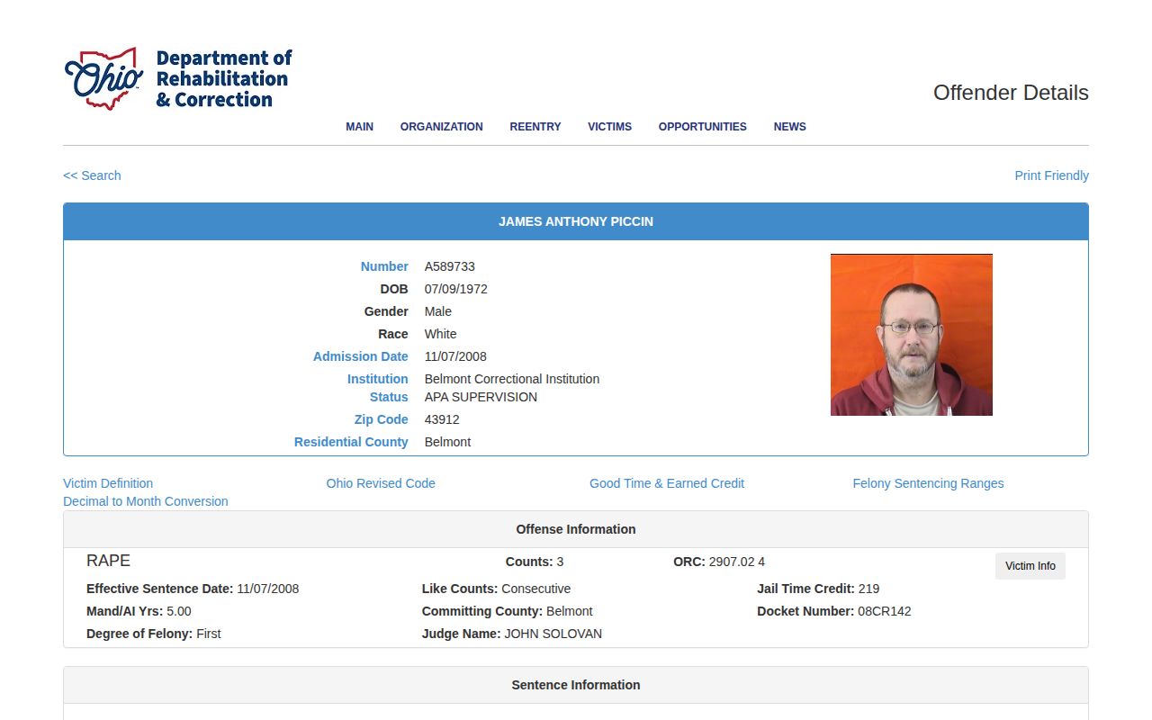 ODRC record showing APA supervision fields