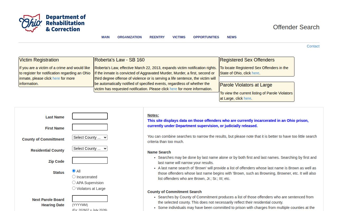 Belmont County released inmate fields in ODRC Offender Search