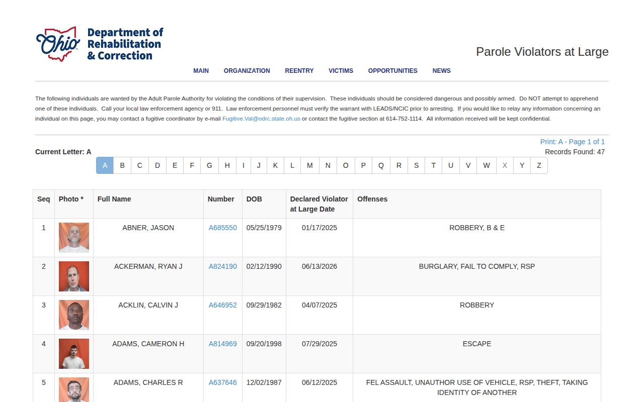 ODRC Parole Violators at Large listing and warning