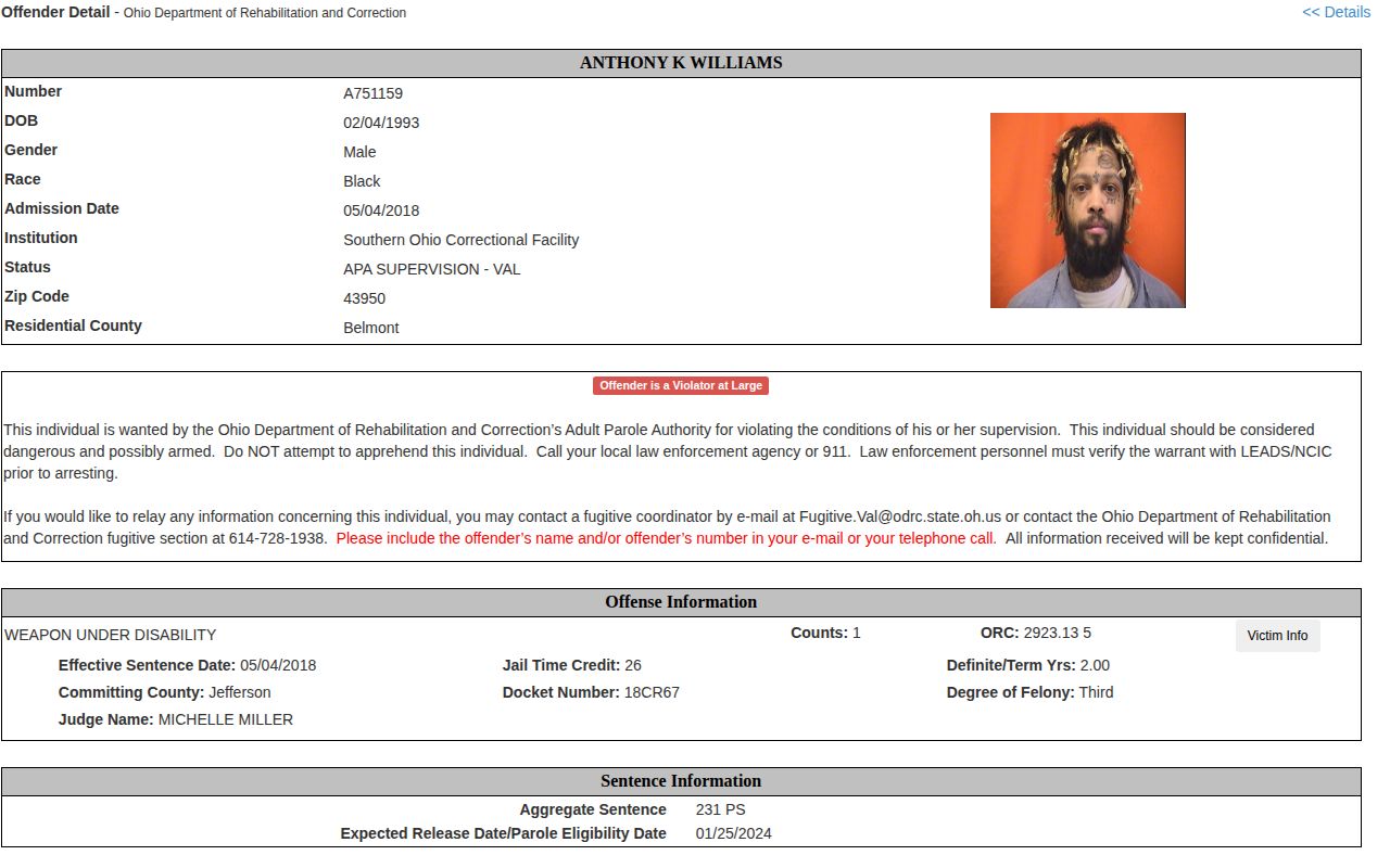 ODRC detail showing expected release or parole eligibility and supervision fields