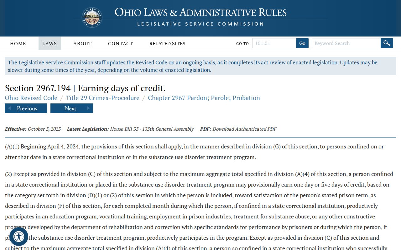 Ohio Revised Code earned-credit provisions